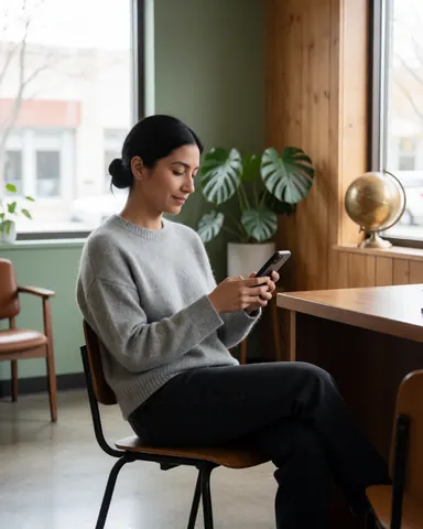 Une cliente souriante utilise son smartphone dans un bureau lumineux avec des plantes et une fenêtre.