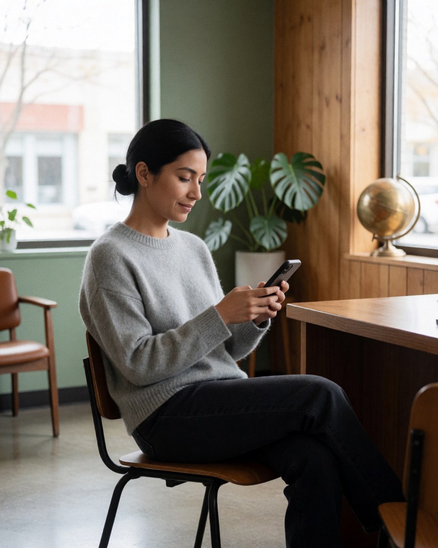 Une cliente souriante utilise son smartphone dans un bureau lumineux avec des plantes et une fenêtre.