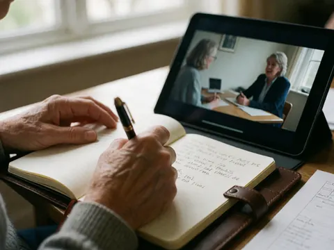 Une main adulte écrit dans un carnet en cuir près d'une tablette montrant un cours en vidéo, éclairée par une lumière naturelle douce.