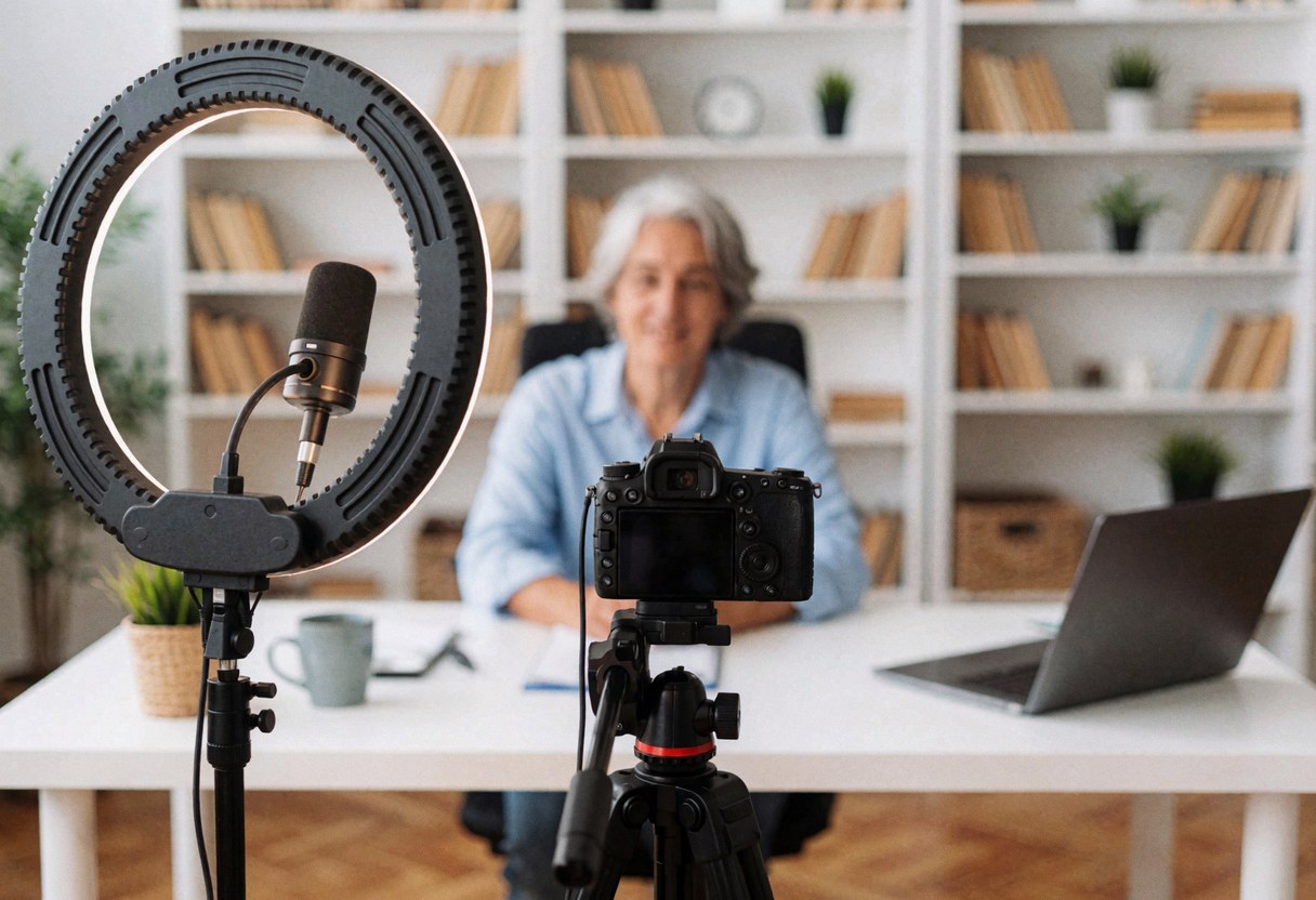 Instructeur filmant une leçon en ligne dans un studio à domicile équipé d'une caméra, d'un microphone et d'une lumière annulaire posée sur une table.
