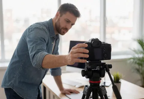Un professionnel ajuste sa caméra montée sur trépied dans un studio moderne éclairé par la lumière naturelle, préparant du contenu pour des formations en ligne.