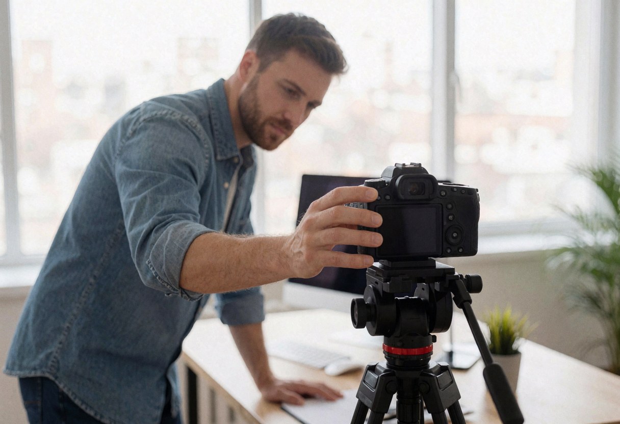 Un professionnel ajuste sa caméra montée sur trépied dans un studio moderne éclairé par la lumière naturelle, préparant du contenu pour des formations en ligne.