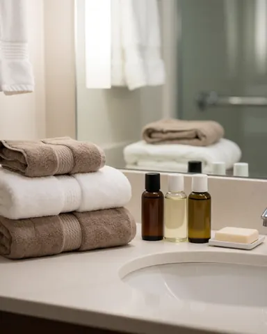 Vue rapprochée des équipements de salle de bain d'un hôtel incluant serviettes, savon, bouteilles, miroir et lavabo sur fond bois.