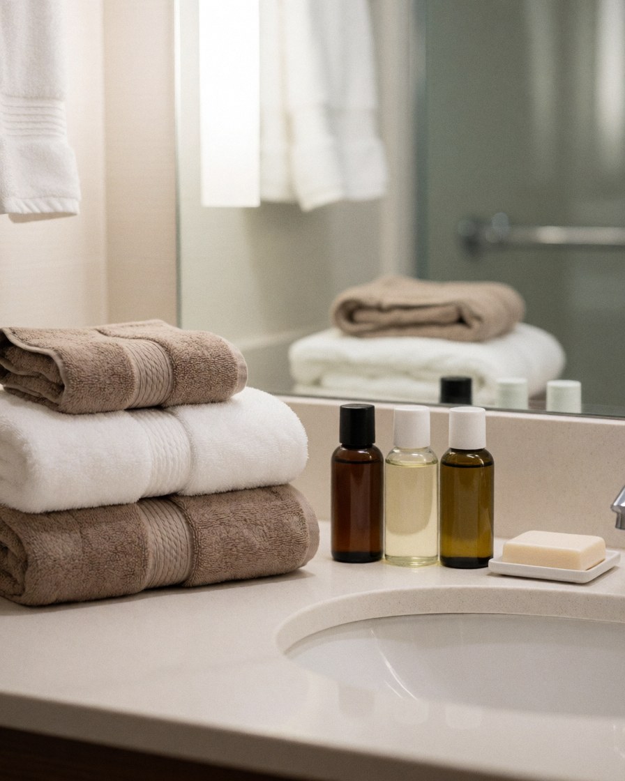 Vue rapprochée des équipements de salle de bain d'un hôtel incluant serviettes, savon, bouteilles, miroir et lavabo sur fond bois.