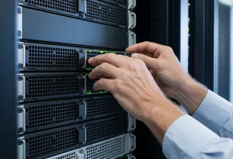 Un technicien travaille sur un serveur dans un centre de données, assurant le maintien de l'infrastructure informatique et du service.