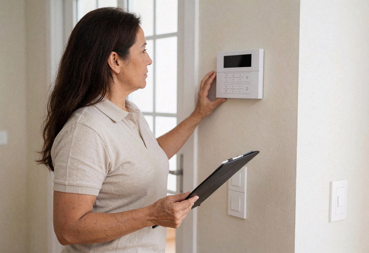Une femme professionnelle examine un tableau de contrôle de sécurité dans une maison, tenant un classeur, dans un intérieur lumineux et réaliste.
