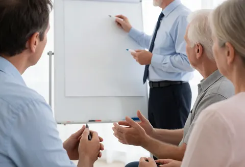 Un formateur écrit sur un tableau blanc pendant qu'un groupe attentif écoute et prend des notes dans une salle de réunion lumineuse.