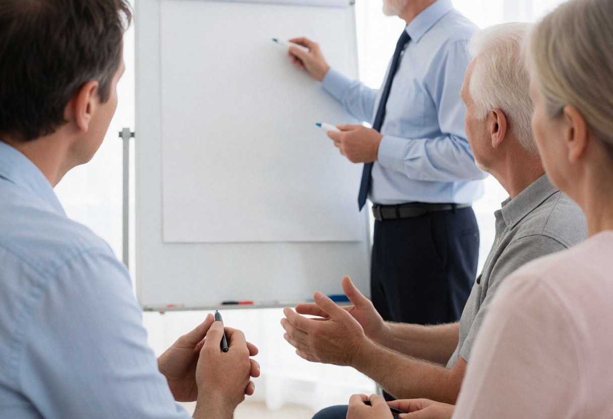 Un formateur écrit sur un tableau blanc pendant qu'un groupe attentif écoute et prend des notes dans une salle de réunion lumineuse.