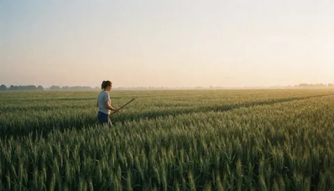 Un vaste champ de blé s'étend sous la lumière douce du lever du soleil, offrant un paysage agricole paisible et lumineux.