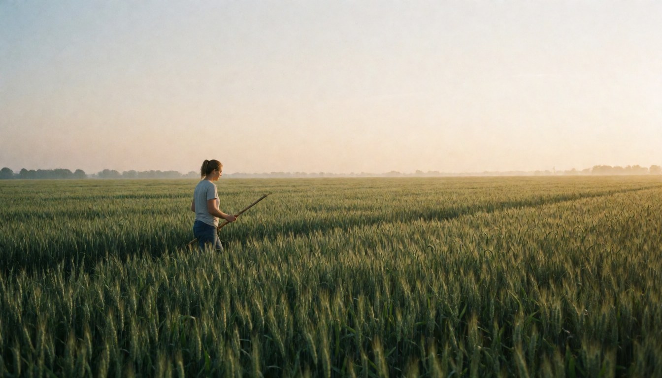 Un vaste champ de blé s'étend sous la lumière douce du lever du soleil, offrant un paysage agricole paisible et lumineux.
