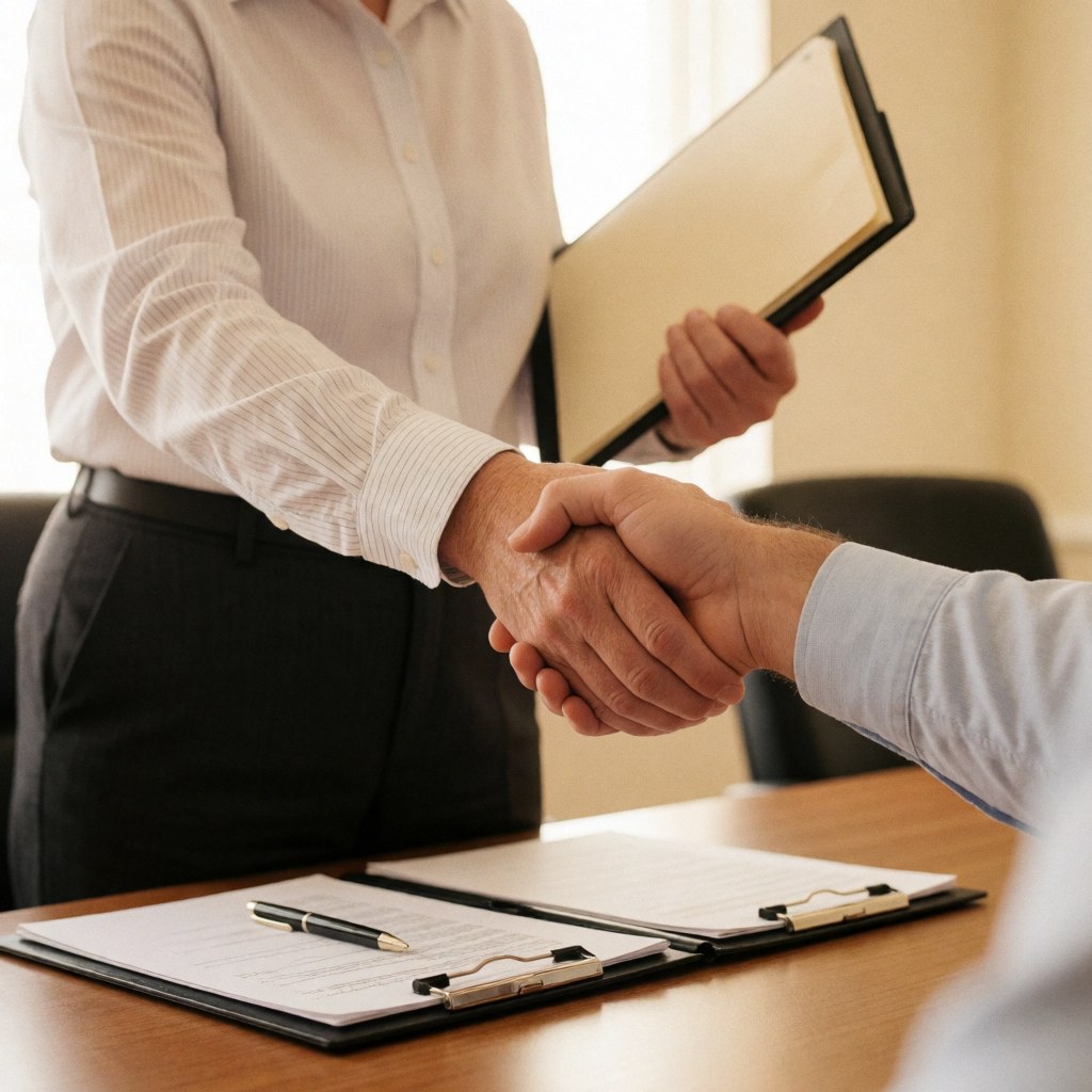 Poignée de main serrée au-dessus d'un bureau en bois, symbolisant un accord commercial et une collaboration professionnelle en entreprise.