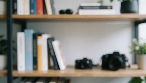 Arrière-plan d'espace de travail minimaliste avec étagère en bois, livres, plantes et objets technologiques sur fond blanc.