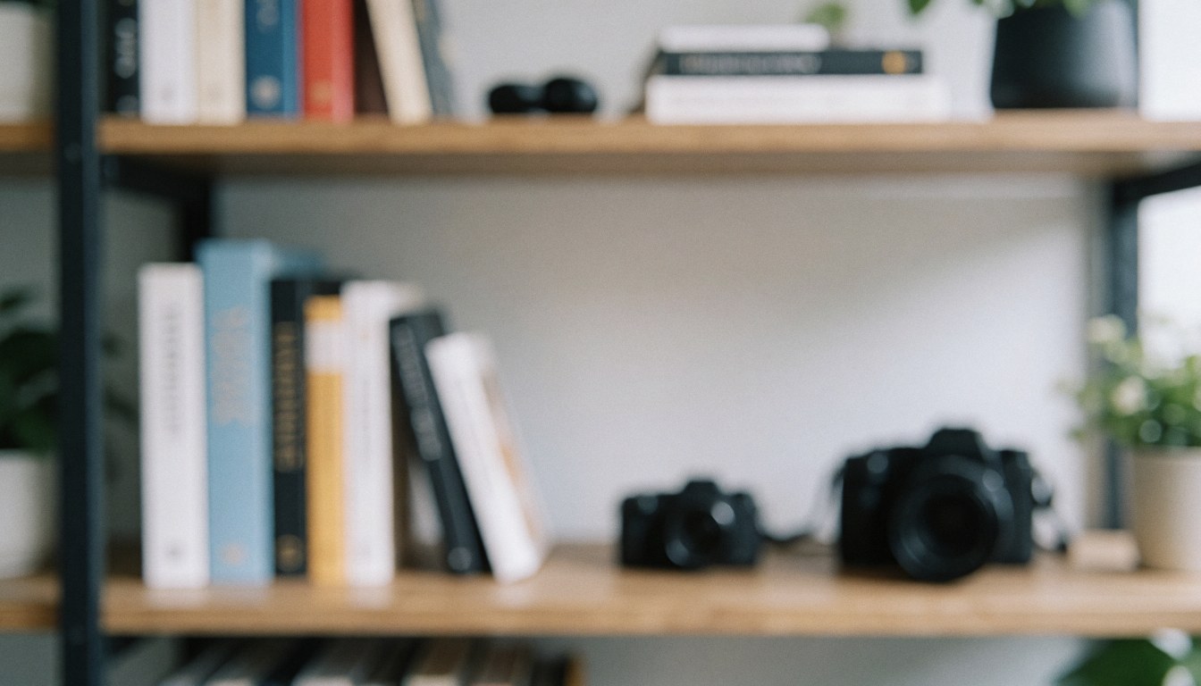 Arrière-plan d'espace de travail minimaliste avec étagère en bois, livres, plantes et objets technologiques sur fond blanc.