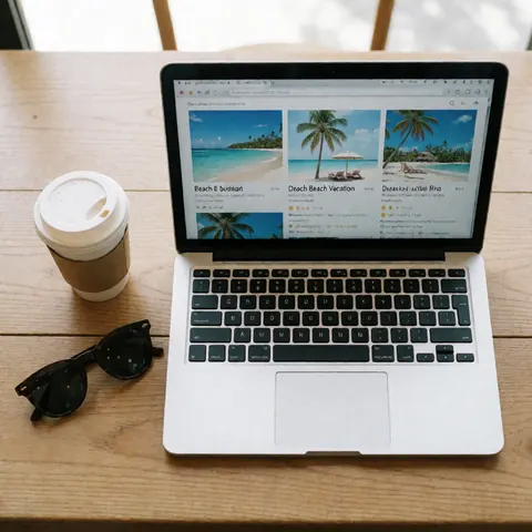 Un ordinateur portable montre un itinéraire de plage tropicale sur son écran, accompagné d'une tasse de café et de lunettes de soleil posés sur une table en bois.