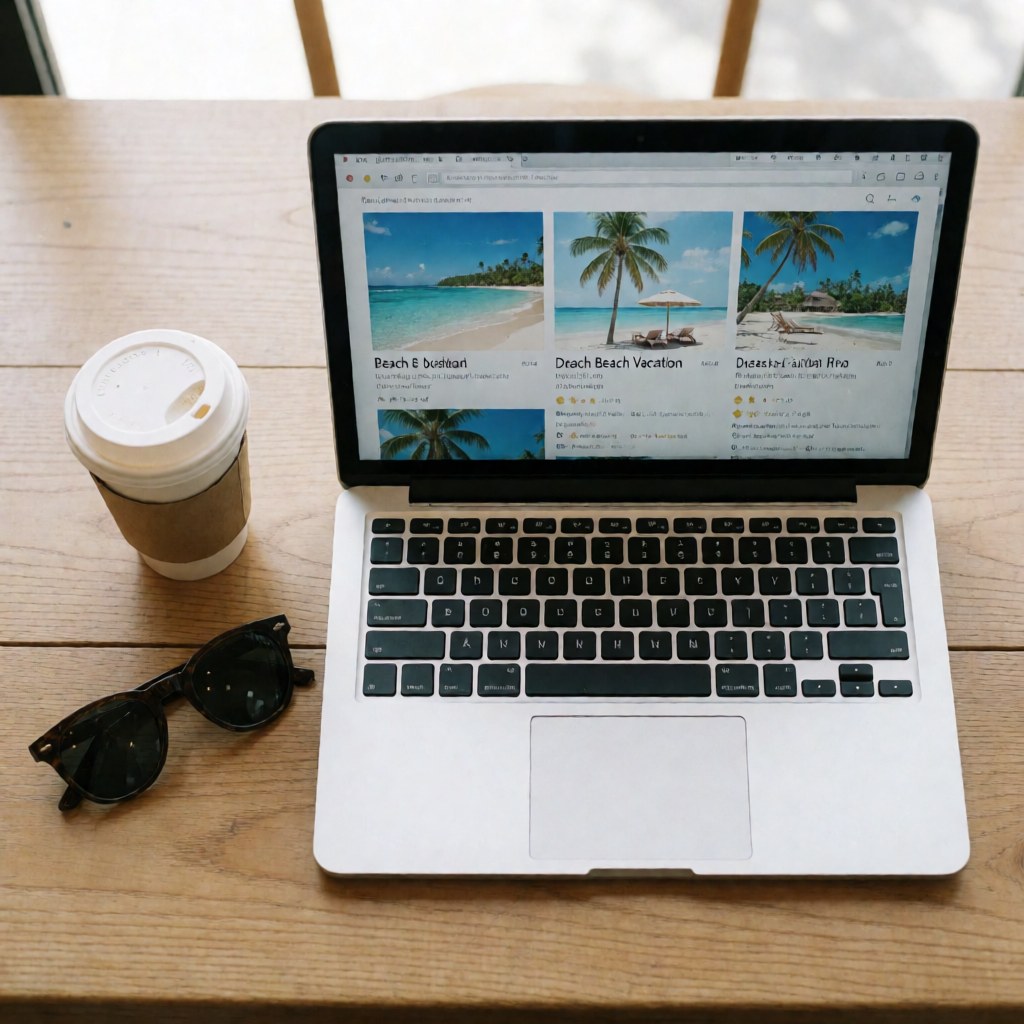 Un ordinateur portable montre un itinéraire de plage tropicale sur son écran, accompagné d'une tasse de café et de lunettes de soleil posés sur une table en bois.