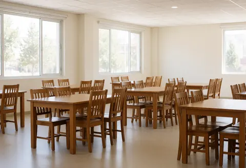 Salle communautaire vide avec tables et chaises en bois, grandes fenêtres laissant entrer la lumière naturelle, murs blancs et sol clair, ambiance propre et spacieuse.