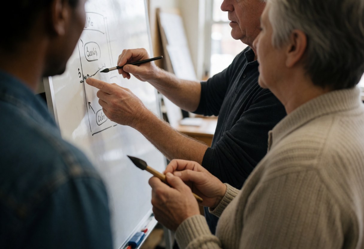 Un professeur adulte explique un diagramme sur un tableau blanc à des étudiants adultes dans une classe, avec des mains travaillant et des outils visibles.