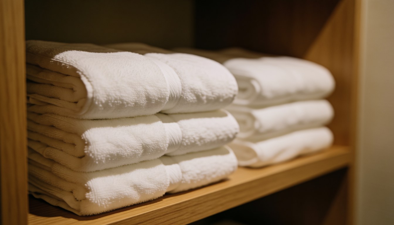 Serviettes blanches empilées sur une étagère en bois avec un éclairage chaleureux et un fond flou, évoquant un environnement spa ou hôtelier propre et accueillant.