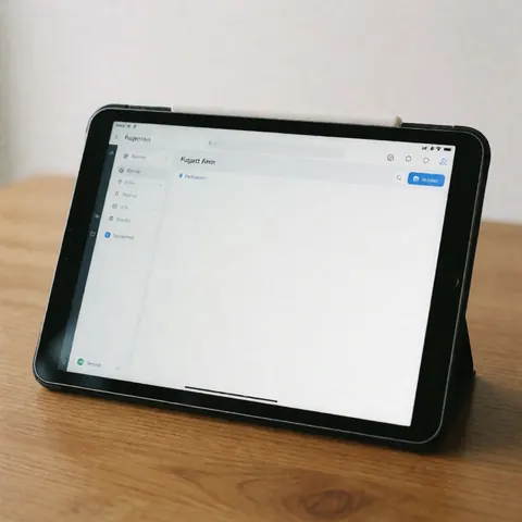 Interface de gestion de projets affichée sur une tablette posée sur un bureau en bois clair, illustrant la productivité et la planification dans un environnement professionnel moderne.