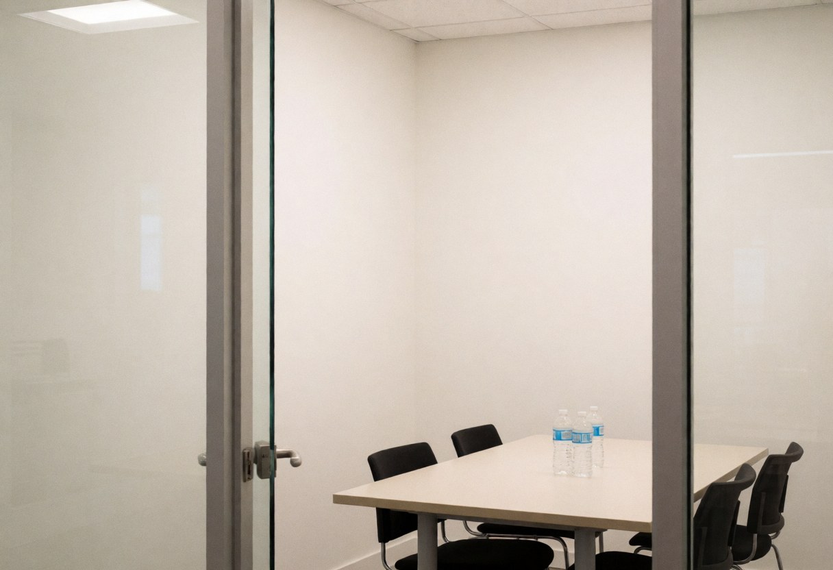 Salle de réunion vide avec table, chaises noires, bouteilles d'eau et murs blancs, idéale pour les ONG et les communautés.