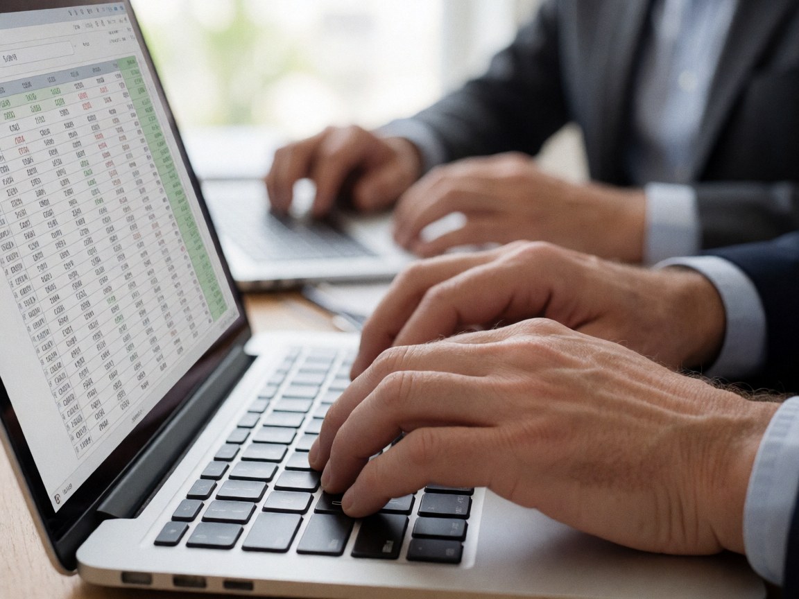 Des mains d'adultes tapant sur un clavier d'ordinateur portable affichant une feuille de calcul financière dans un bureau professionnel éclairé par la lumière naturelle.