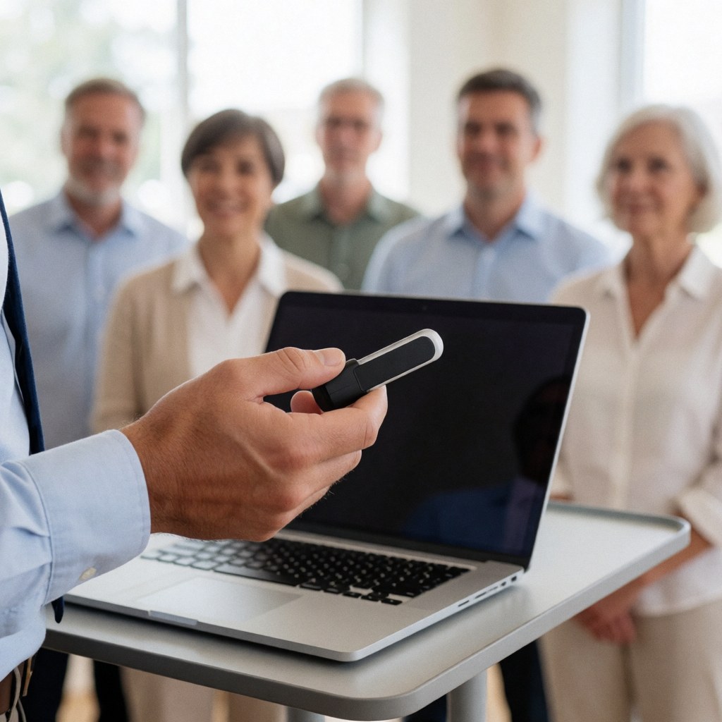 Gros plan sur une main tenant un télécommande de présentation devant un ordinateur portable et un pupitre lors d'une conférence professionnelle.