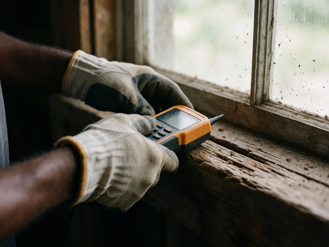 Vue rapprochée d'une inspection technique sur une fenêtre en bois ancien avec un humidimètre.