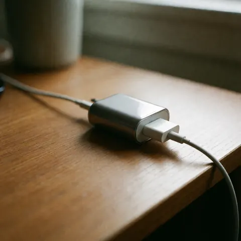 Un accessoire de charge fabriqué en bois posé sur une surface, mettant en valeur la texture naturelle du matériau avec un éclairage doux et des ombres subtiles.