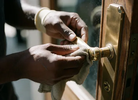 Gros plan sur une poignée de porte en bronze brillant, montrant les détails de l'entretien artisanal et la texture du bois.