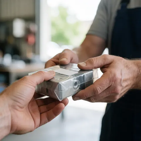 Des mains transmettant un composant métallique emballé à un client dans un atelier industriel avec un fond flou et une lumière naturelle.