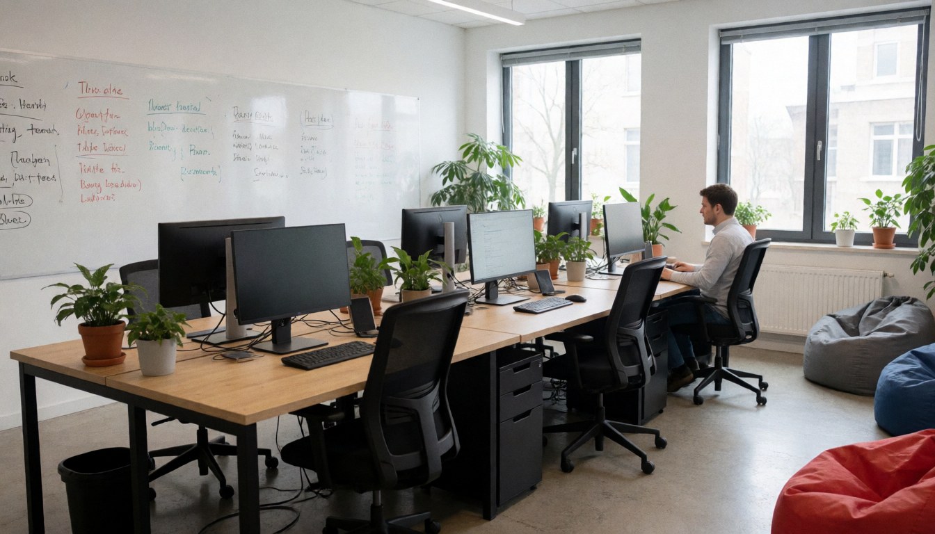 Bureau de logiciel avec grands bureaux, écrans, plantes, chaises et personne travaillant sur ordinateur. Mur avec tableau blanc, grandes fenêtres et lumière naturelle.