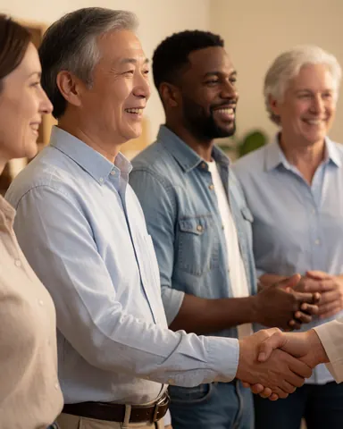 Un client satisfait serre la main d'un prestataire lors d'une réunion d'équipe, entouré de collègues souriants dans un cadre professionnel chaleureux.