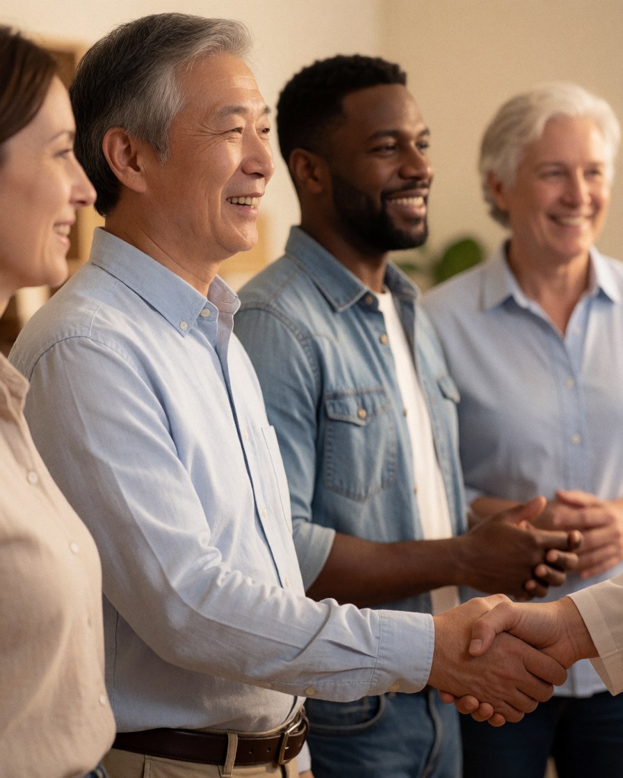 Un client satisfait serre la main d'un prestataire lors d'une réunion d'équipe, entouré de collègues souriants dans un cadre professionnel chaleureux.