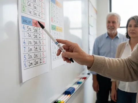 Un professeur écrit des exemples de conjugaison verbale sur un tableau noir avec un marqueur blanc pour illustrer la leçon de grammaire.