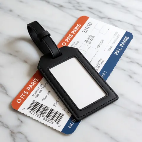 Vue de dessus d'une étiquette d'enregistrement pour bagage posée à côté d'une carte d'embarquement, le tout disposé sur une surface en marbre blanc veiné de gris.