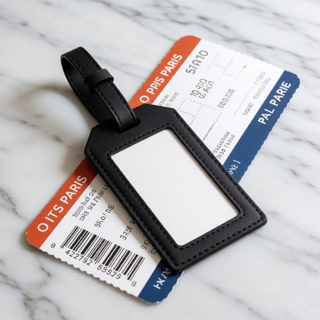 Vue de dessus d'une étiquette d'enregistrement pour bagage posée à côté d'une carte d'embarquement, le tout disposé sur une surface en marbre blanc veiné de gris.