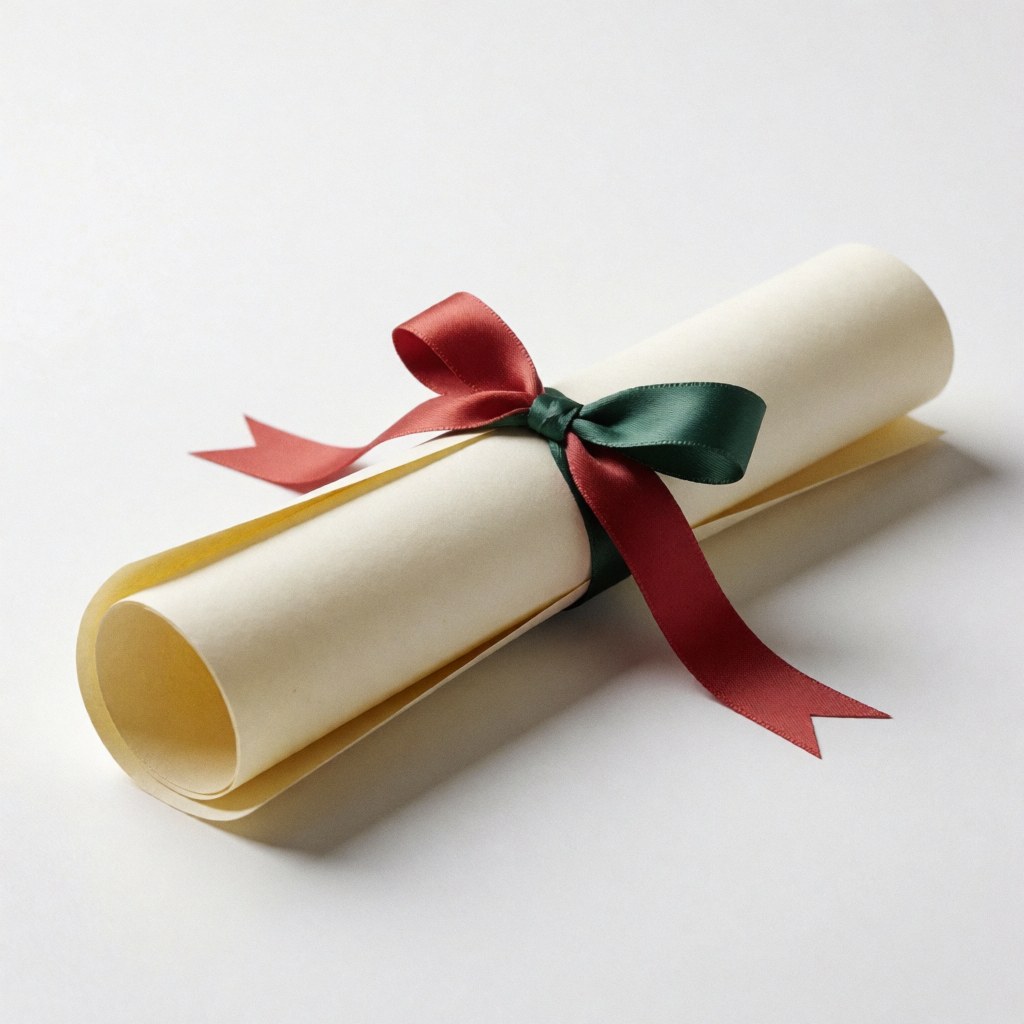 Diplôme enroulé orné d'un ruban rouge et vert posé sur un fond blanc uni, offrant une présentation élégante et professionnelle.