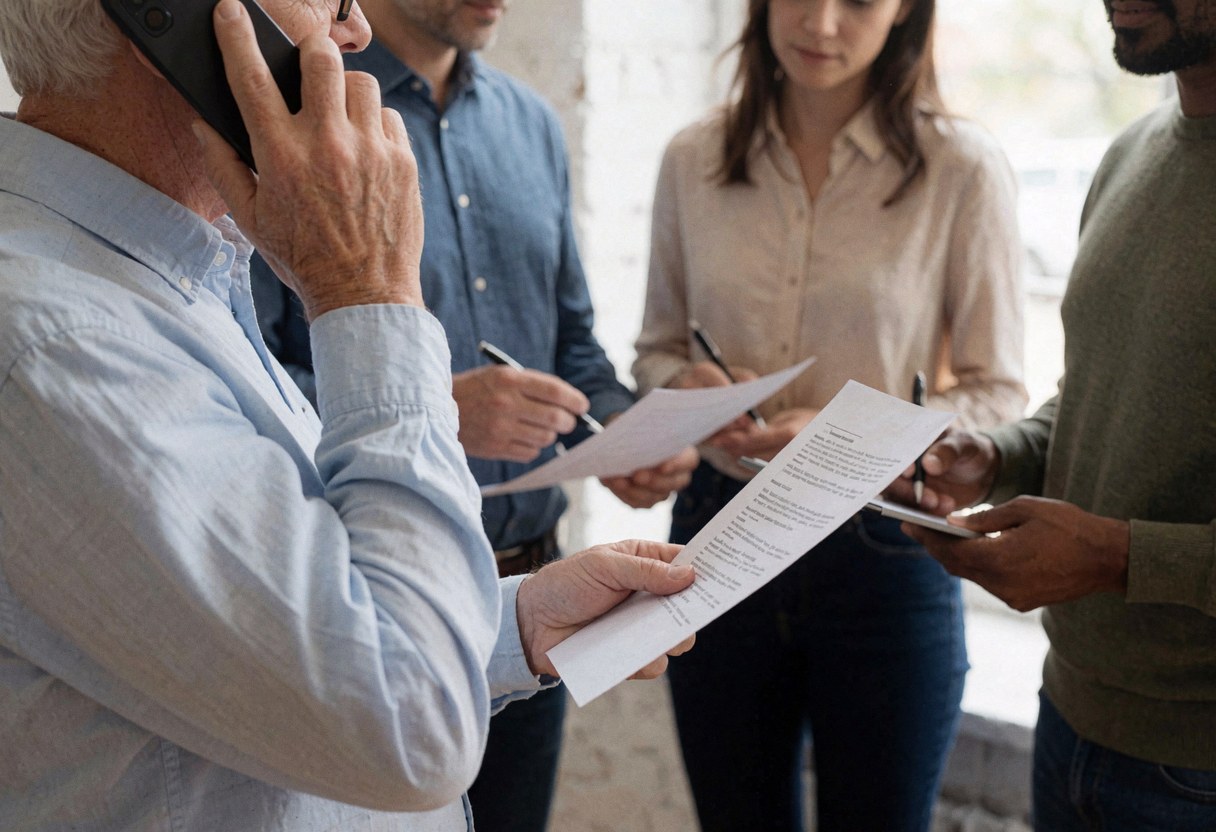 Un consultant âgé parle au téléphone tout en vérifiant des documents avec ses collègues lors d'une réunion professionnelle, dans un environnement de bureau lumineux et réaliste.