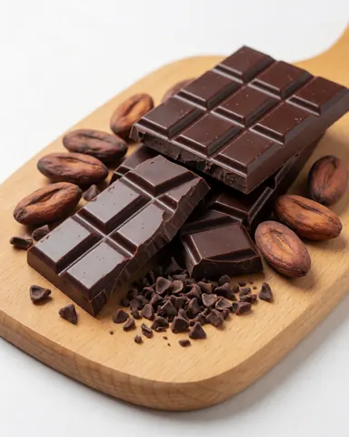 Des morceaux de chocolat noir artisanal disposés sur une surface en bois sombre, mettant en valeur la texture rugueuse et naturelle du produit.
