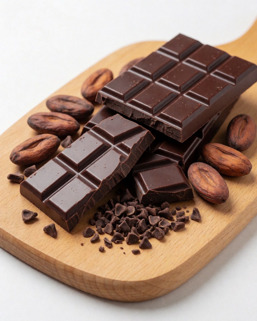 Des morceaux de chocolat noir artisanal disposés sur une surface en bois sombre, mettant en valeur la texture rugueuse et naturelle du produit.