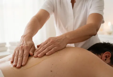 Un thérapeute professionnel applique un massage sur le dos d'un client dans une pièce calme avec une bougie allumée.