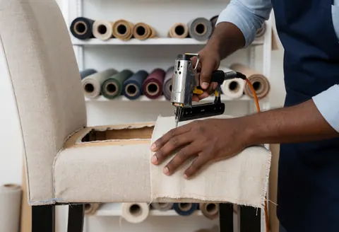 Un professionnel du tapissage utilise un pistolet à clous pour fixer le tissu sur le cadre d'une chaise en bois dans son atelier.