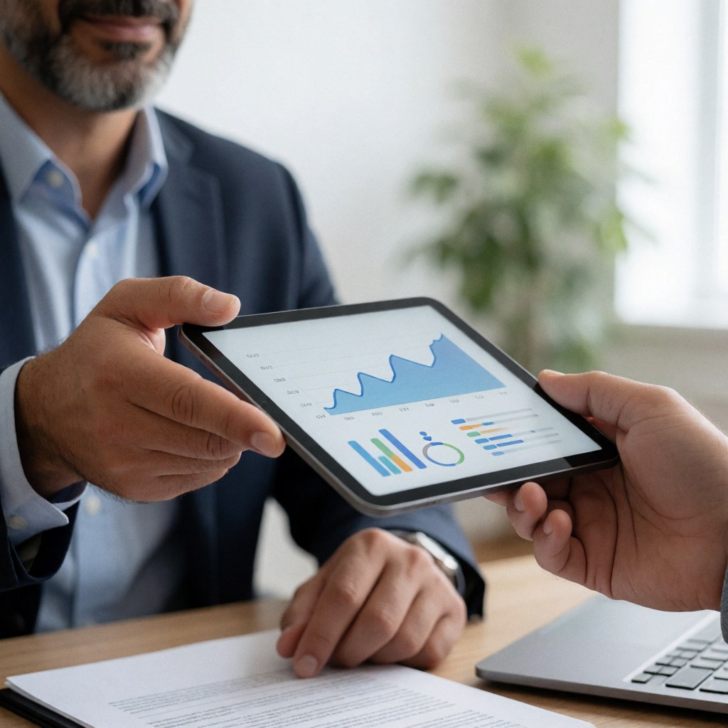 Un homme professionnel montre des graphiques de données sur une tablette à un client lors d'une réunion en bureau avec ordinateur et documents.