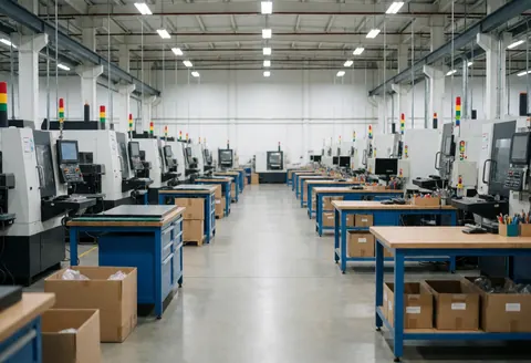 Vue intérieure d'une usine industrielle moderne avec des machines et des tables de travail alignées dans un environnement propre et ordonné.