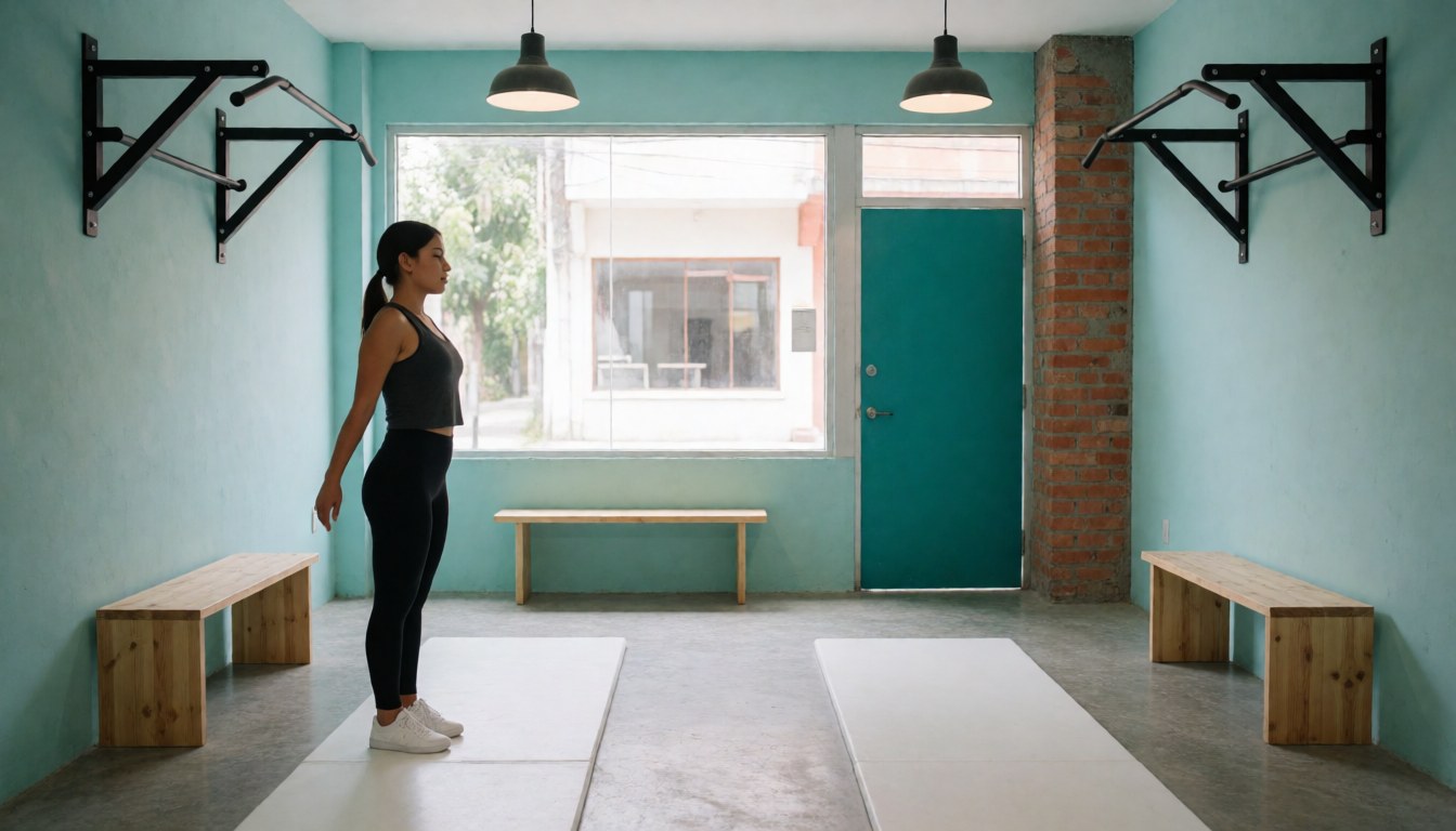 Intérieur lumineux d'un petit gymnase indépendant avec murs turquoise, sol gris, bancs en bois et grandes fenêtres laissant entrer la lumière naturelle.