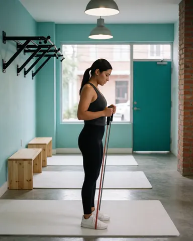 Une femme ajuste son élastique de résistance dans une salle de sport aux murs turquoise et au sol gris, éclairée par des suspensions et la lumière naturelle d'une fenêtre.