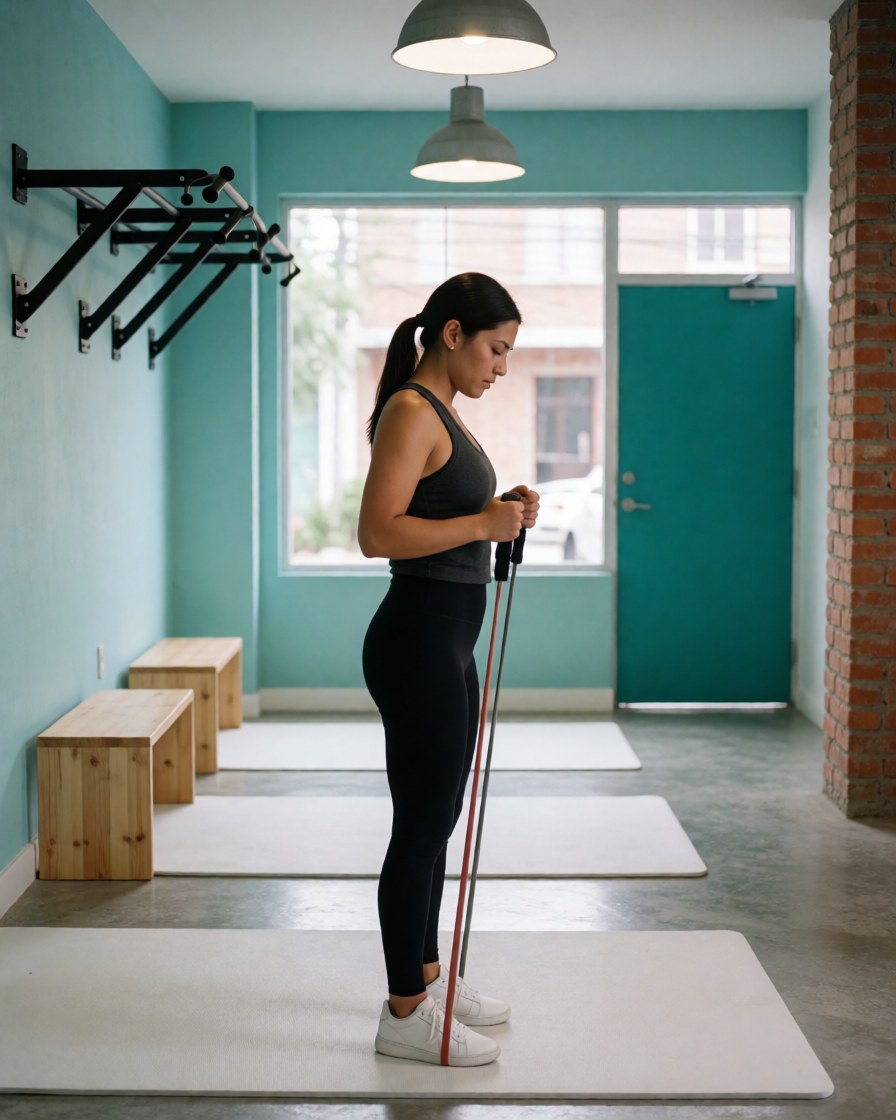 Une femme ajuste son élastique de résistance dans une salle de sport aux murs turquoise et au sol gris, éclairée par des suspensions et la lumière naturelle d'une fenêtre.