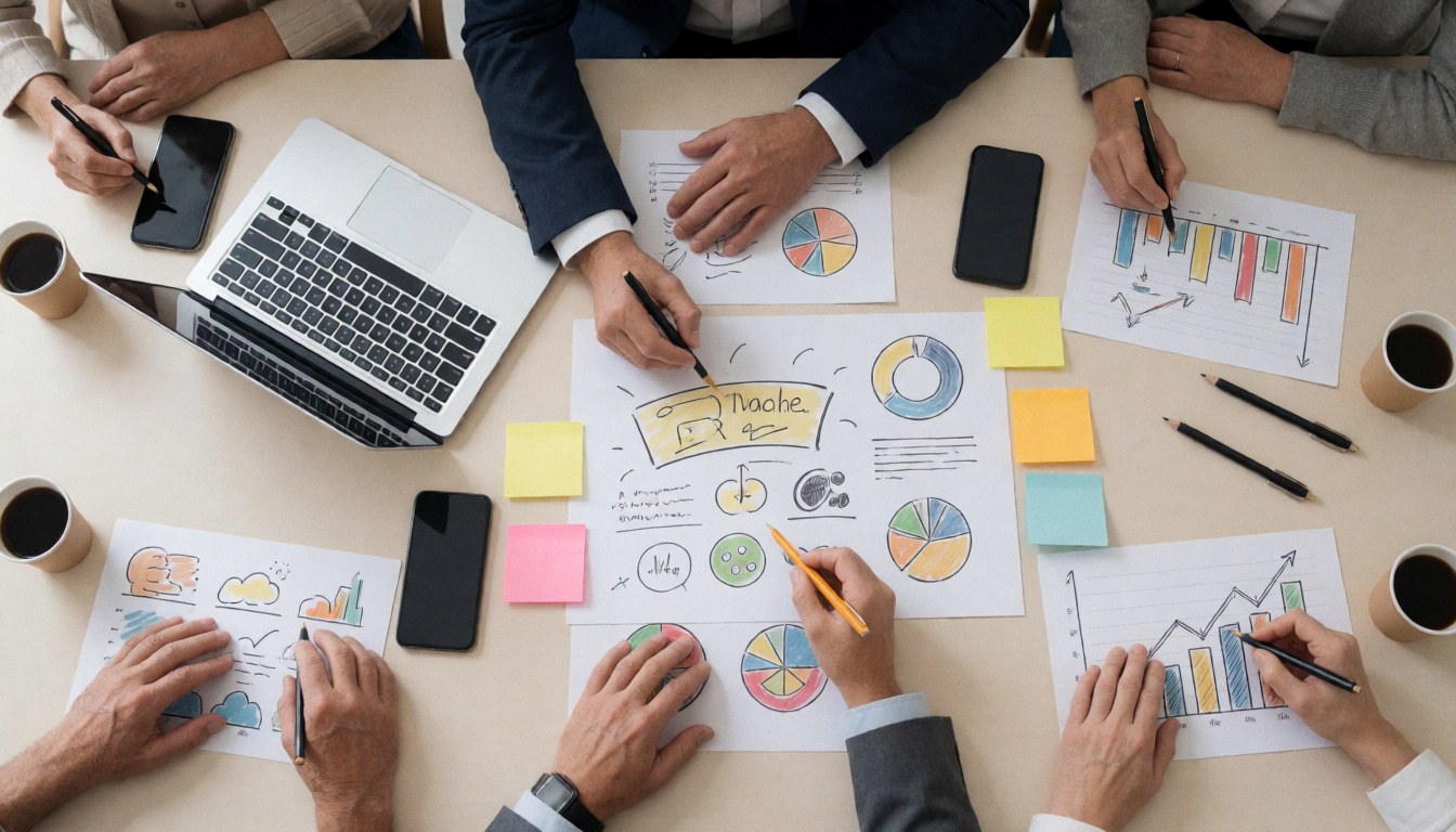 Vue de dessus d'une réunion d'équipe où plusieurs mains dessinent des graphiques et analysent des données sur une table avec un ordinateur portable, des téléphones, des post-it et des tasses de café.