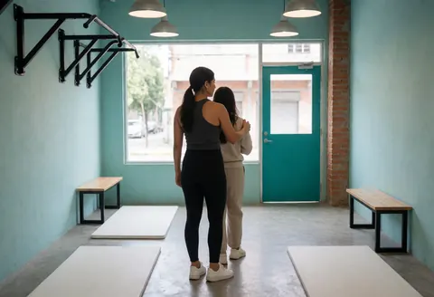 Une conseillère aide un client lors d'une séance de coaching personnalisé dans un gymnase moderne avec des murs turquoise et un sol gris.