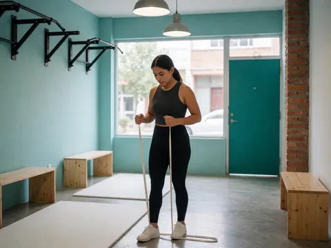 Une femme s'entraîne dans un petit gymnase avec des murs turquoise, un sol gris et des bancs en bois, en ajustant une bande de résistance blanche.